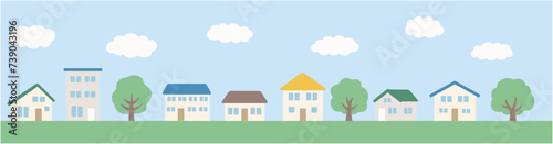 シンプルな街並みのイラスト。家、木、ベクター、アイコン