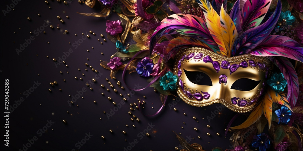Colorful festive Grouping of mardi gras venetian carnival mask feathers beads Party design banner, Mask for brazil carnival with feathers
