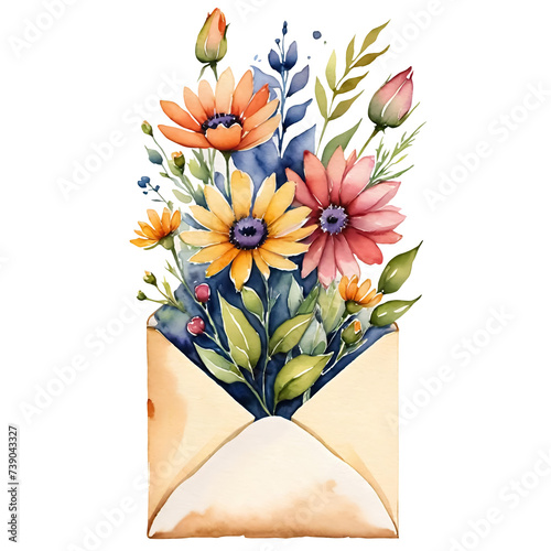 colorful flowers bursting forth from a gently toned envelope, suggestive of a delightful surprise or a heartfelt message conveyed through the timeless beauty of botanicals.