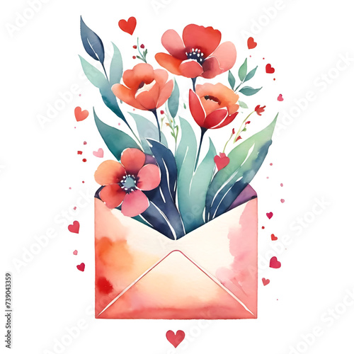 This artistic image captures an open envelope overflowing with vibrant red and pink flowers, accompanied by delicate hearts, symbolizing an outpouring of love and affection.