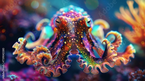 Spectacular Marine Life: Vibrant Octopus in a Mesmerizing Underwater Dance, Glowing in the Depths of Ocean Mysteries