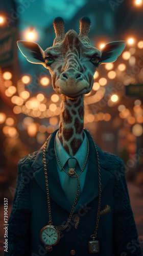 Sophisticated giraffe in a tailored suit, accessorized with a pocket watch chain, against a cityscape backdrop, lit with urban lights, exuding refinement and stature © Дмитрий Симаков
