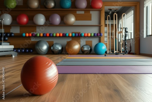 Fitness Studio Space  Neatly Organized Space with Yoga Balls and Pilates Equipment.