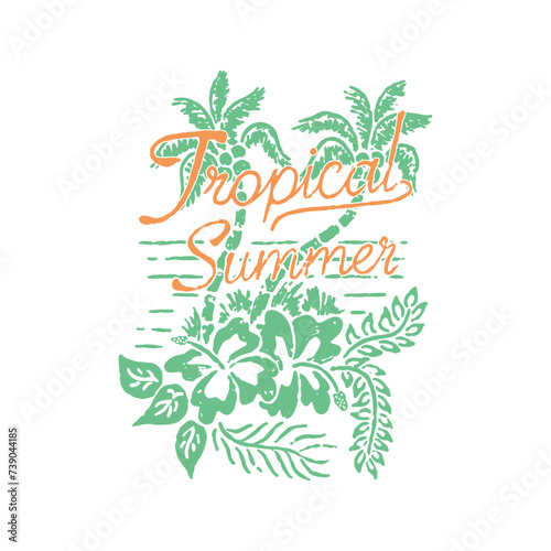 tropical illustration beach graphic flower design palm badge summer vintage