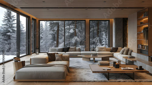 A large living room with orange couches and a wooden design. The room has a wall of windows looking out into a snowy forest.
