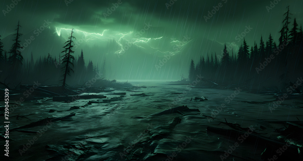 a green aurora bore with a cloudy sky above the forest - obrazy, fototapety, plakaty 