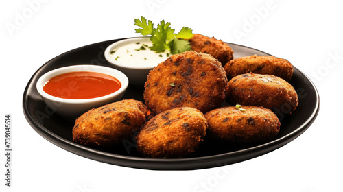 A plate of deep-fried breaded ball appetizers with sesame seeds and cilantro garnish, served with a dipping sauce.