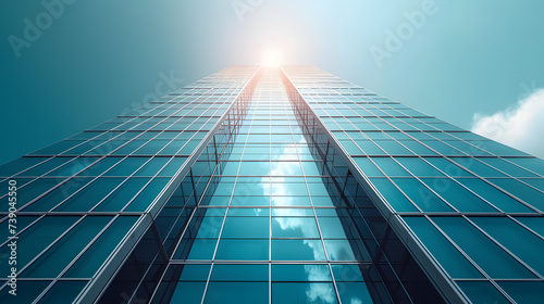 View of a contemporary glass skyscraper reflecting the blue sky
