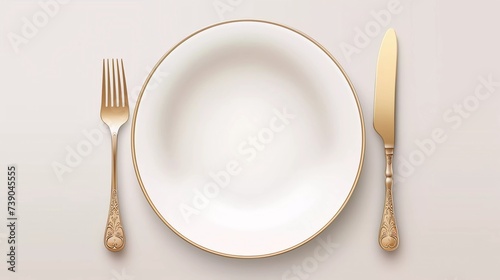 Empty realistic plate with cutlery, fork, knife restaurant desigen