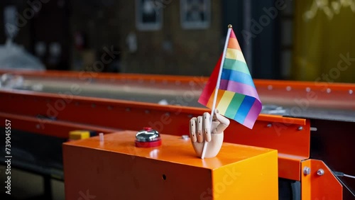 Close-up of a stand in the form of a wooden hand holding a rainbow small flag of representatives of LGBT positive attitudes towards minorities photo