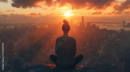 A Woman Sitting on a Stone Ledge Watching a Sun Setting on a City
