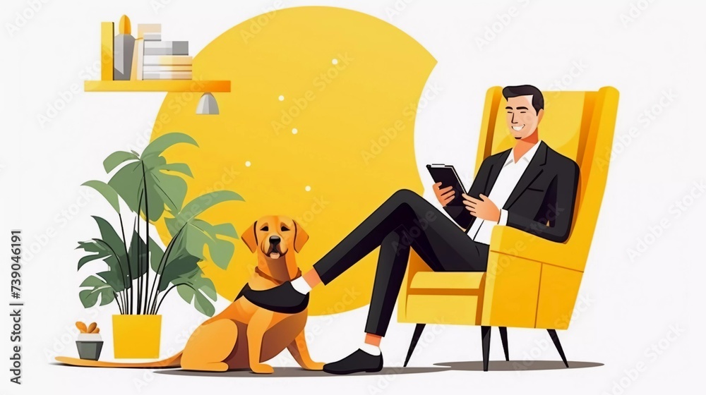 
A man was holding a phone in his hand and sitting on a chair. The dog was waiting beside the chair. Vector modern illustration