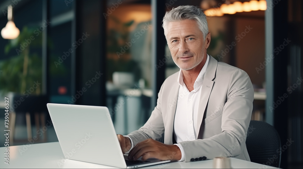 Mature Professional Business Man Typing On A Laptop. Management, Work, Office Business Concept Mature Professional Business Man Typing On A Laptop. Management, Work, Office Business Concept