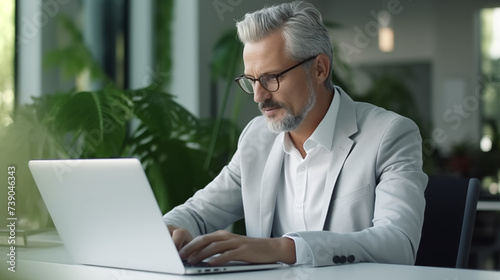 Mature Professional Business Man Typing On A Laptop. Management, Work, Office Business Concept