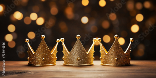 A gold crown on a wood surface ,Golden crowns shine against a dark background with light glares. The concept of royal majesty and power,