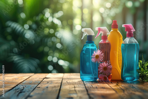 Introducing our comprehensive cleaning services: With our array of specialized sprays and bottles, we ensure a thorough and efficient cleaning experience for your home or business photo