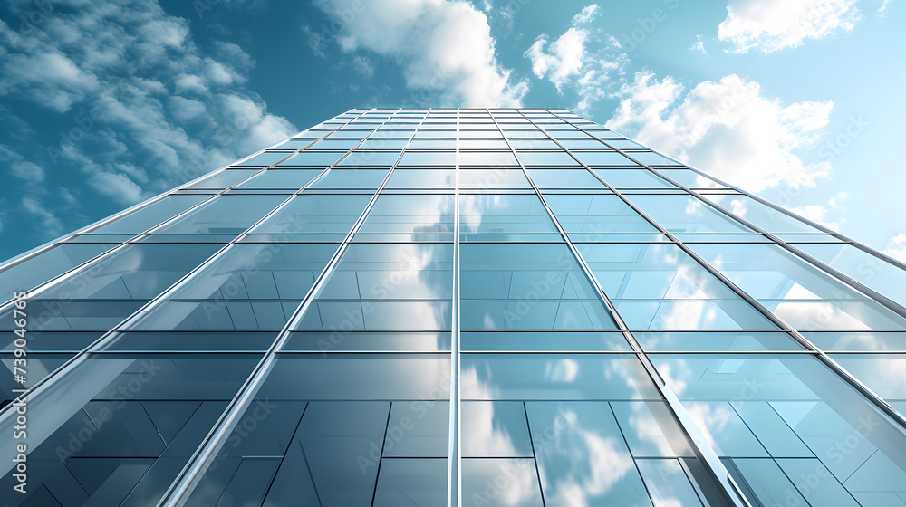 View of a contemporary glass skyscraper reflecting the blue sky View of a contemporary glass skyscraper reflecting the blue sky
