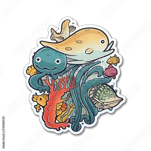 Cute cartoon aquatic life/aquarium sticker illustration