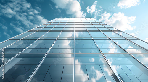 View of a contemporary glass skyscraper reflecting the blue sky