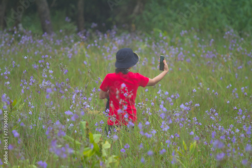 A female tourist selfie in a field of Naga crested flowers at Phu Soi Dao national park of Thailand