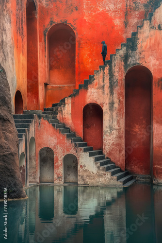 A person standing on symmetrical picturesque stairs in India, symbolizing spiritual quest or a search for peace and belief, calming, philosophical