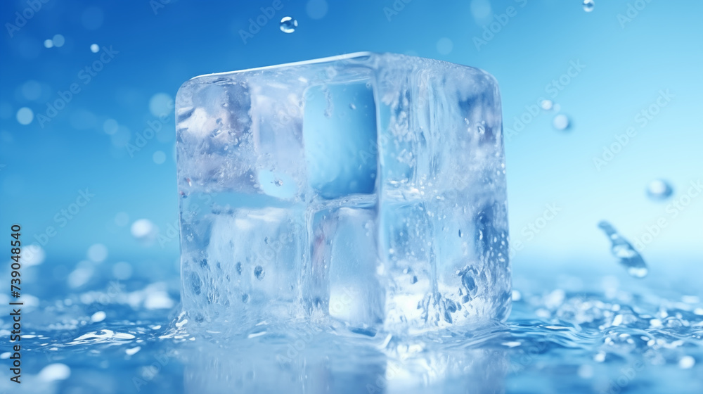 Visualize a crystal-clear ice cube on a pale blue color background Visualize a crystal-clear ice cube on a pale blue color background