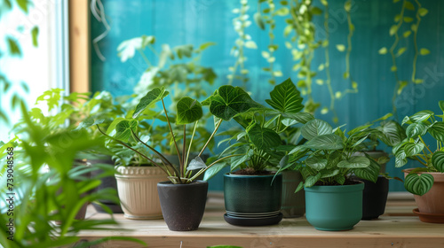 Tropical houseplants background with copy space