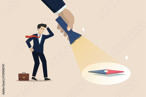 Uncovering direction, finding the direction of business goals to achieve success, A hand holding a flashlight uncovering hidden compas. Business vector illustration.