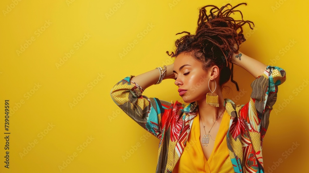 Beautiful fashionable girl on yellow background - obrazy, fototapety, plakaty 