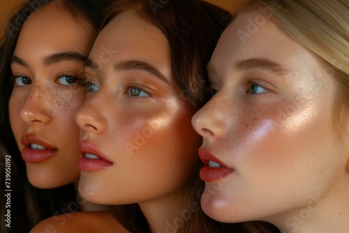 Glowing Trio: Side Profile of Three Diverse Teenage Girls - Radiant, Complexions, Beauty in Diversity, Youthful Radiance, Vibrant and Fresh Faces