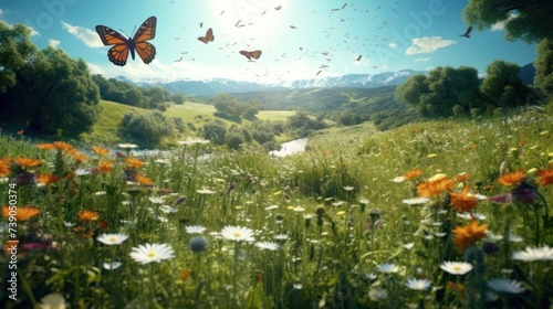 Butterflies flying over the flower field