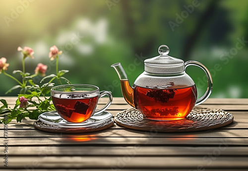 Teapot and cups on wooden table