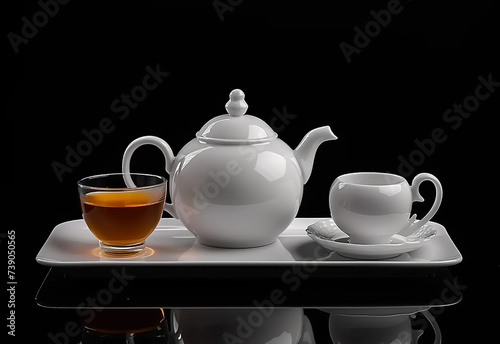 Teapot and cups on wooden table