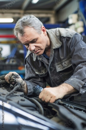 Mechanic working on car engine in auto repair shop