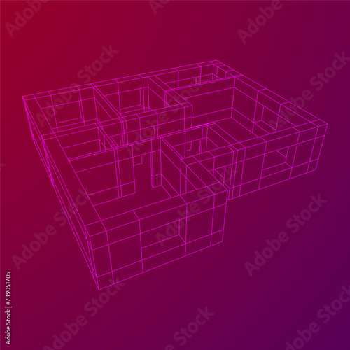 Architecture building. Modern house plan. Wireframe low poly mesh.