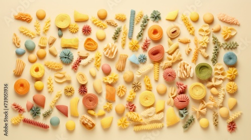 A table topped with lots of different types of pasta. Generative AI.