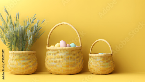 3D Woven Basket Containing Colorful Eggs Isolated on Yellow Pastel Background. Presenting a Modern Banner Concept for Easter Day Good Friday. photo