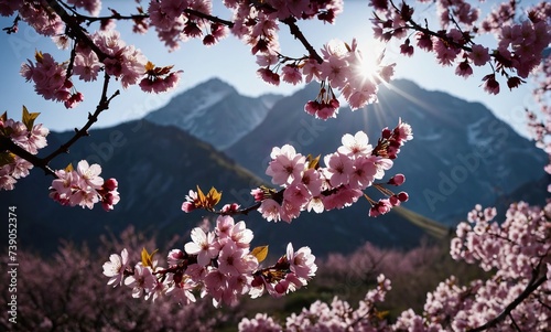 cherry blossoms in bloom in front of mountains. Generative AI.