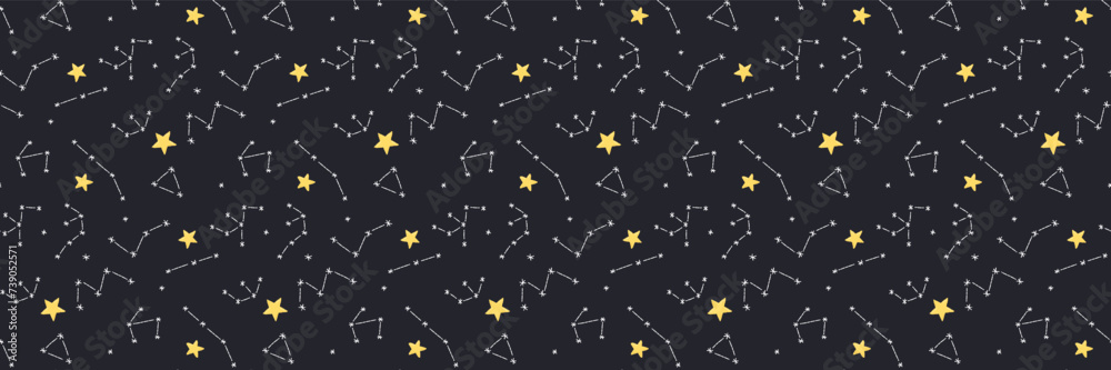 Fototapeta premium Baby cute seamless pattern with space elements on dark background. Hand drawn flat cartoon style. Vector illustration