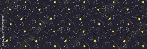 Baby cute seamless pattern with space elements on dark background. Hand drawn flat cartoon style. Vector illustration
