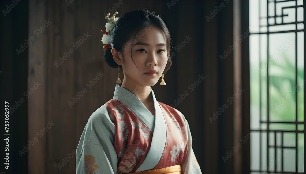 Elegant Asian Woman in Traditional Kimono with Floral Design Elegant Asian Woman in Traditional Kimono with Floral Design