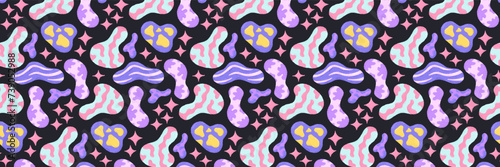 Baby cute seamless pattern with space elements on dark background. Hand drawn flat cartoon style. Vector illustration