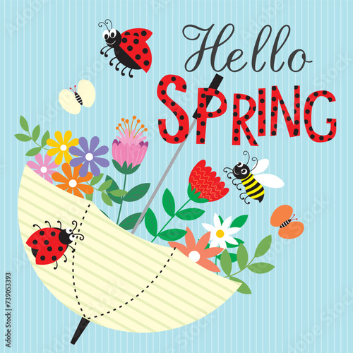 Happy spring card design with umbrella, flowers, lady bug, bee and butterfly