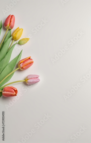a hyperrealistic photograph of Lovely spring flowers and leaves, tulips white background of paper texture