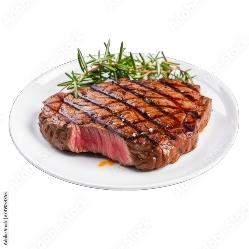 A cooked steak sits on a white plate, garnished with rosemary and two cherry tomatoes png / transparent
