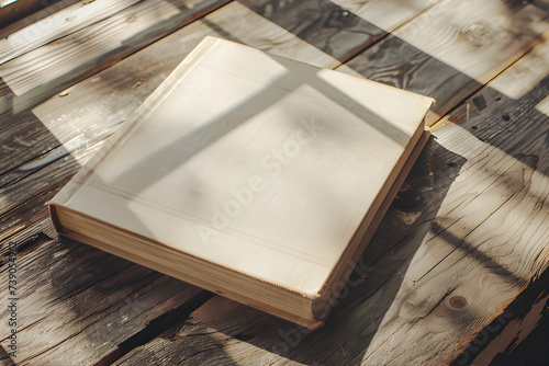 A square book mockup on a rustic wooden table, basking in soft natural light, creates a cozy atmosphere with subtle shadows, shot from an elevated angle to highlight cover details. photo