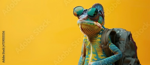 Fashionable Chameleon Sporting Sunglasses and a Backpack, Posing Against a Yellow Background for a Cool and Funny Vibe photo