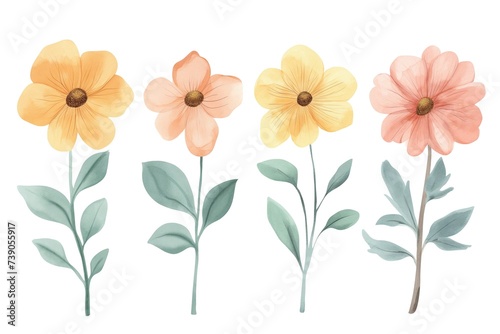Fototapeta Naklejka Na Ścianę i Meble -  Stylized watercolor flowers and leaves in soft pastel colors, isolated on a white background, perfect for spring-themed designs