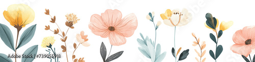 Stylized watercolor flowers and leaves in soft pastel colors, isolated on a white background, perfect for spring-themed designs