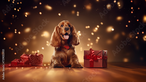 Photography A Cocker Spaniel holding a red gift bag with a twinkling light string 